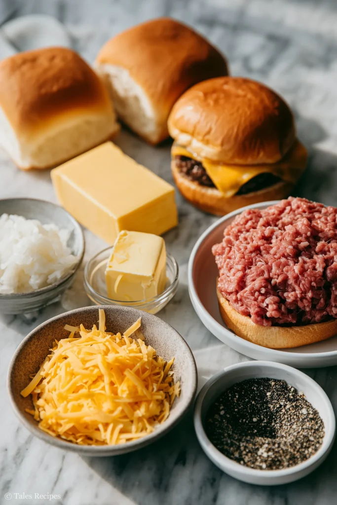 Ingredients for Blackstone smash burger arranged on a white marble countertop