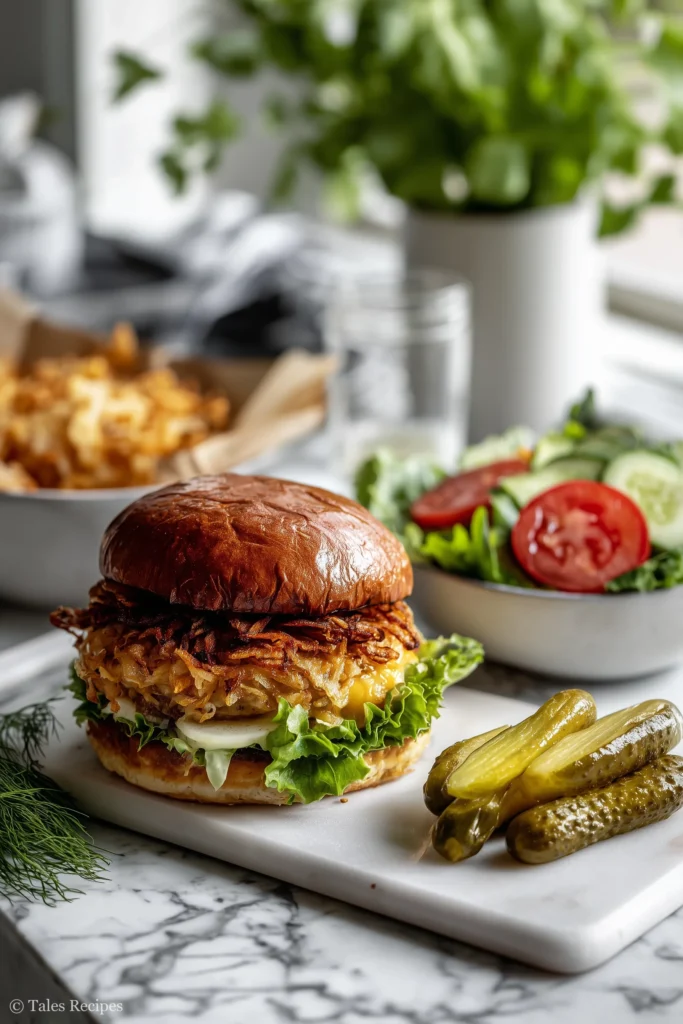 Blackstone smash burger served with crispy hash browns, pickles, and salad on marble