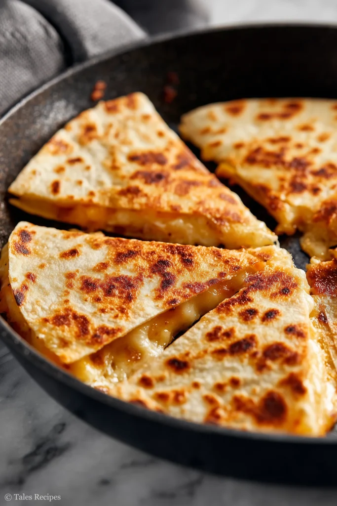Breakfast quesadilla cooking to golden crisp in a skillet with cheese melting