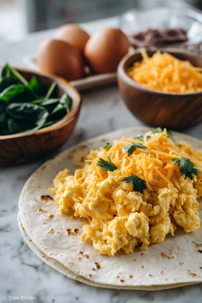 Fluffy scrambled eggs and shredded cheese filling for breakfast quesadilla prep
