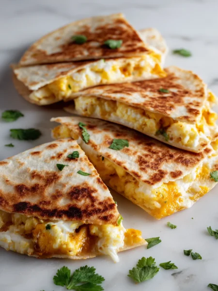 Golden breakfast quesadilla with scrambled eggs and cheese on marble background