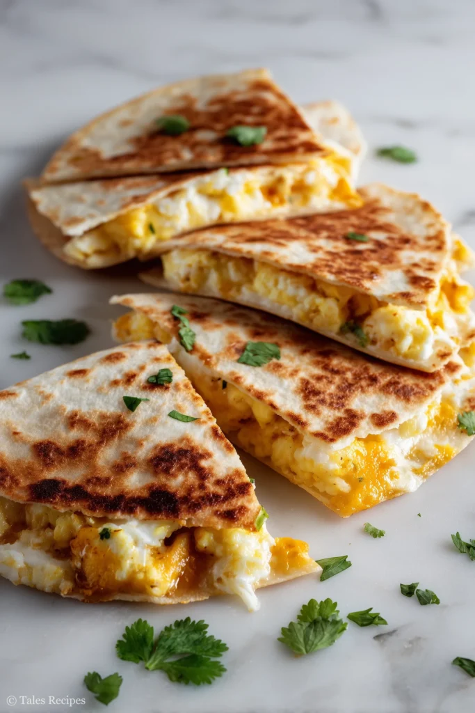 Golden breakfast quesadilla with scrambled eggs and cheese on marble background