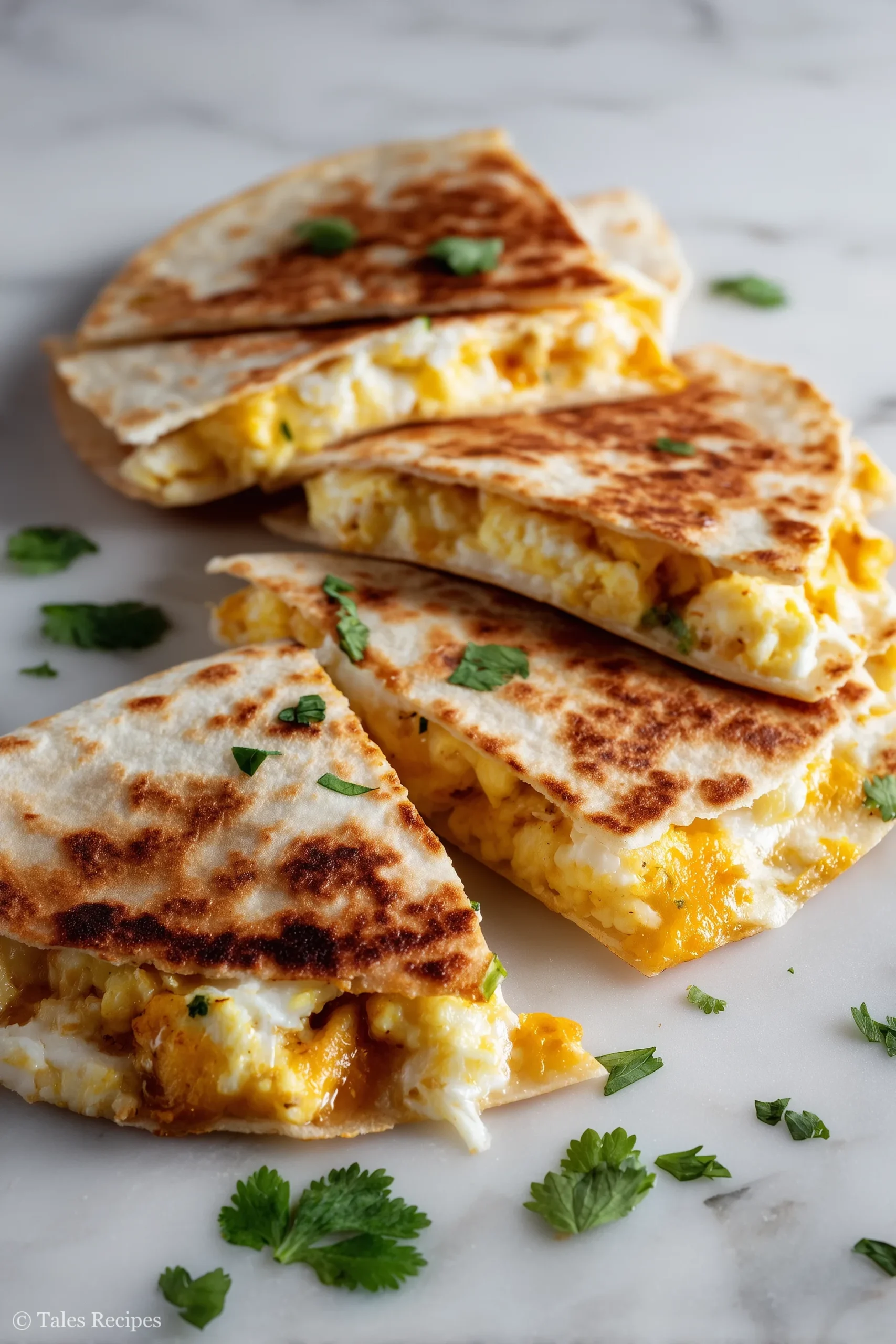 Golden breakfast quesadilla with scrambled eggs and cheese on marble background