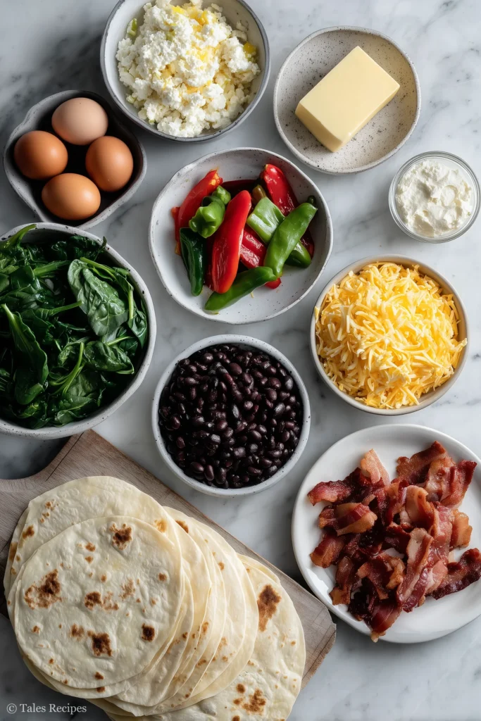 Breakfast quesadilla ingredients including eggs cheese tortillas bacon and fresh vegetables