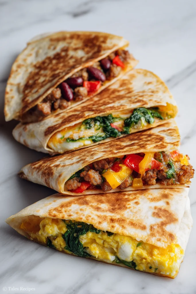 Three breakfast quesadilla wedges show protein bean and vegetarian filling options