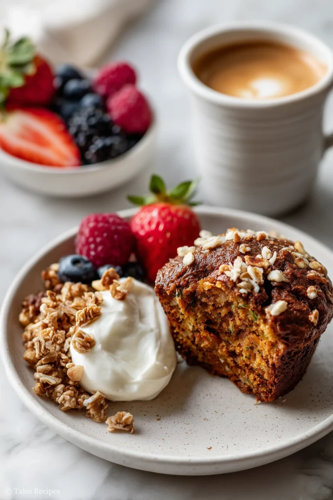 Carrot zucchini muffin on a plate with berries, yogurt, and coffee for breakfast
