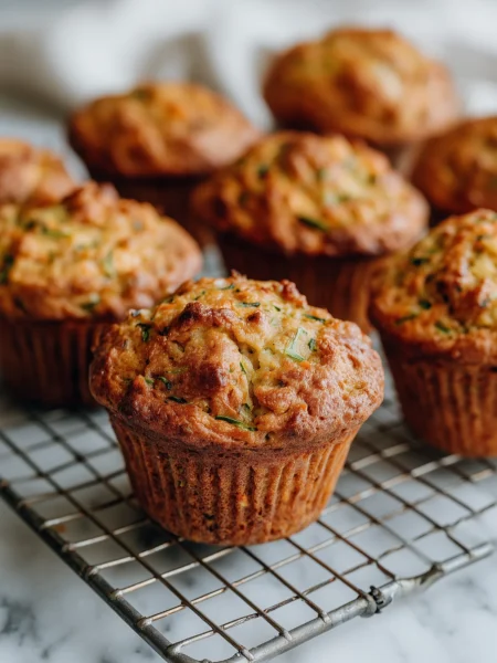 Freshly baked carrot zucchini muffins on cooling rack with visible carrot and zucchini flecks