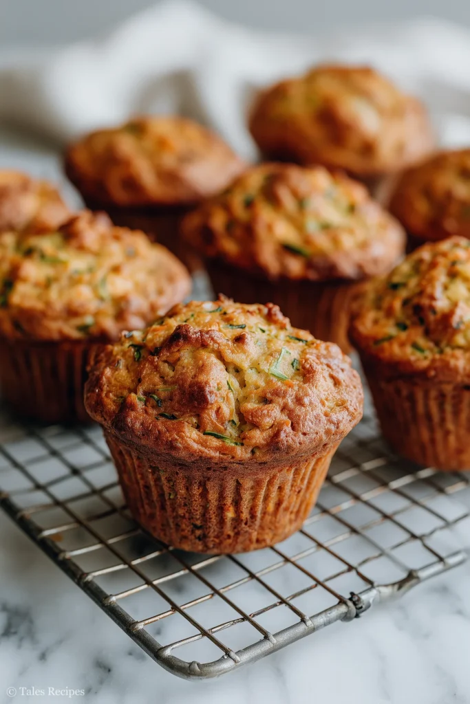 Freshly baked carrot zucchini muffins on cooling rack with visible carrot and zucchini flecks