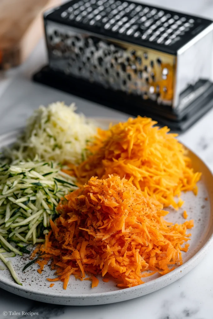 Grated carrot and zucchini on a white plate, ready for carrot zucchini muffins