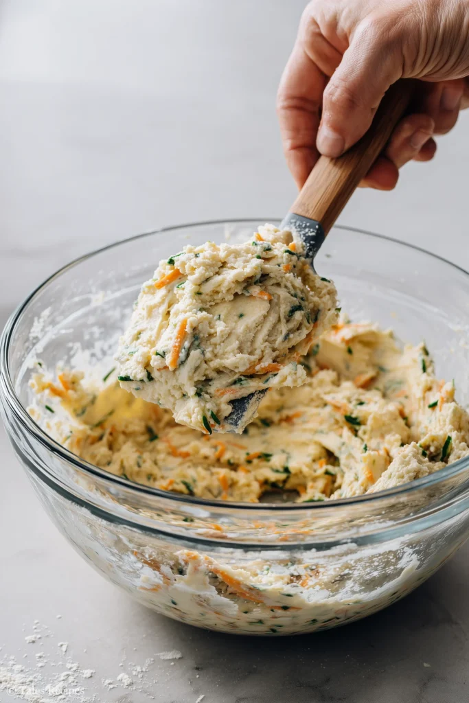 Muffin batter with carrot and zucchini being mixed in a glass bowl