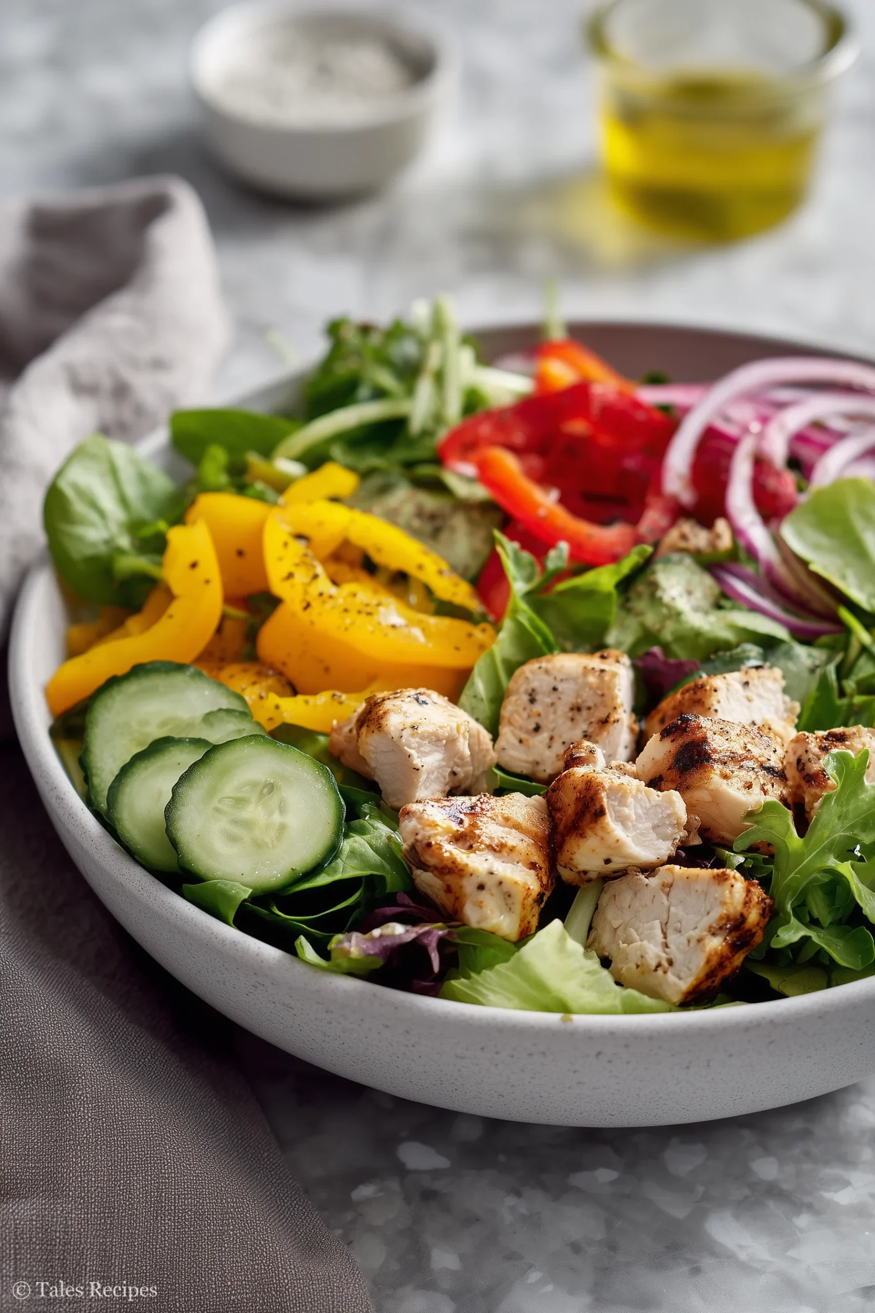 Chicken and vegetable salad with colorful peppers chicken and greens close up on marble