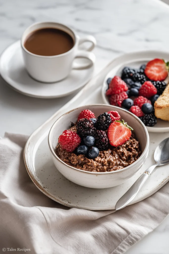 Chocolate overnight oats served with berries and coffee for a complete breakfast