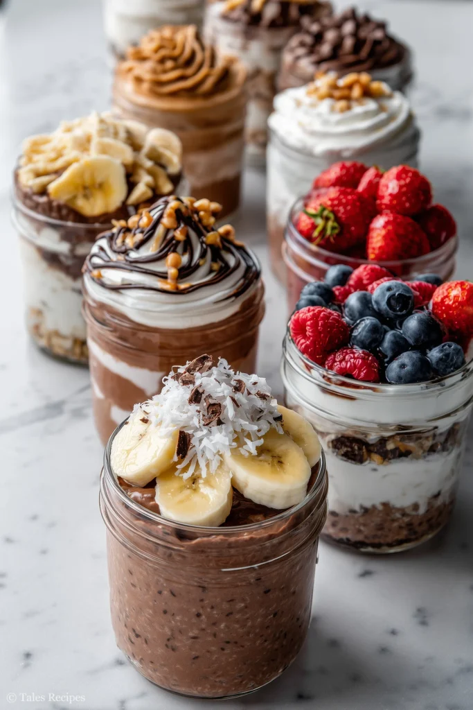 Variety of chocolate overnight oats servings with berries, banana, and more toppings