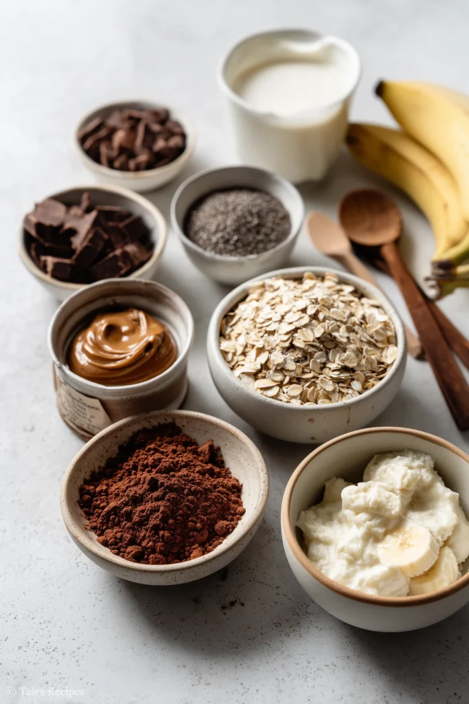Key ingredients for chocolate overnight oats including oats, cocoa, milk, yogurt, banana, chia