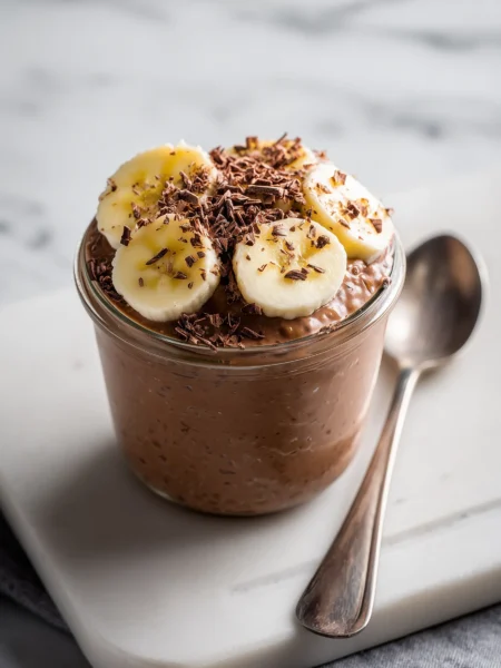 Chocolate protein overnight oats mason jar topped with banana on a white marble background.