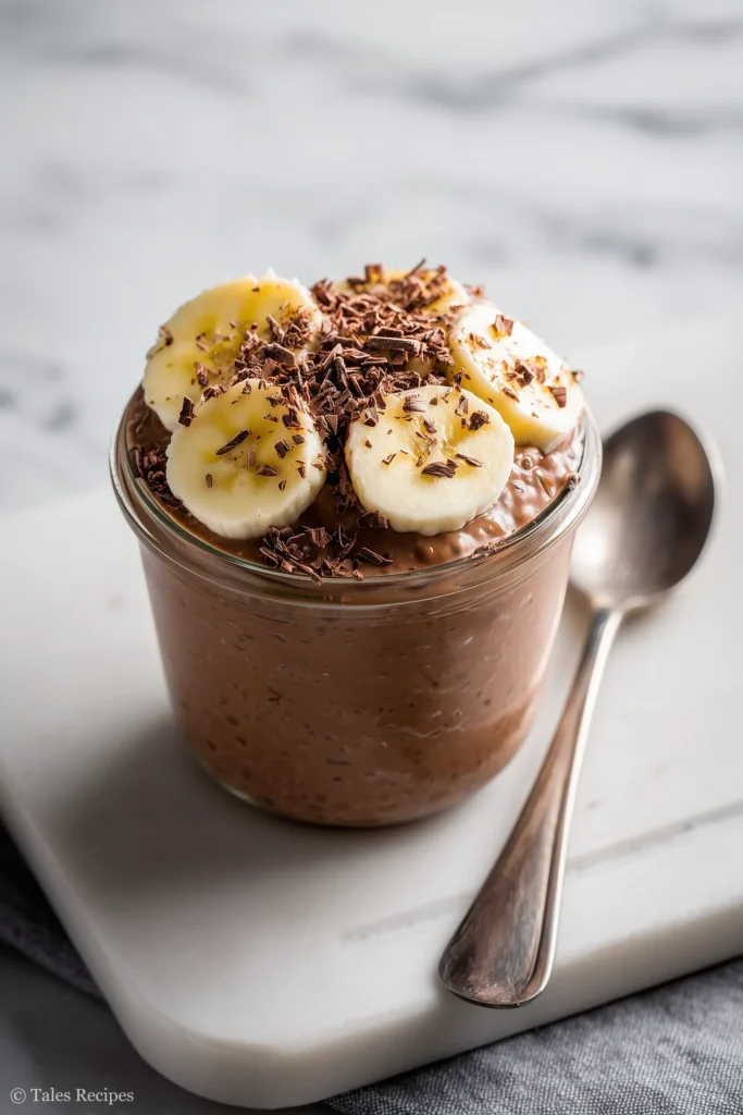 Chocolate protein overnight oats mason jar topped with banana on a white marble background.