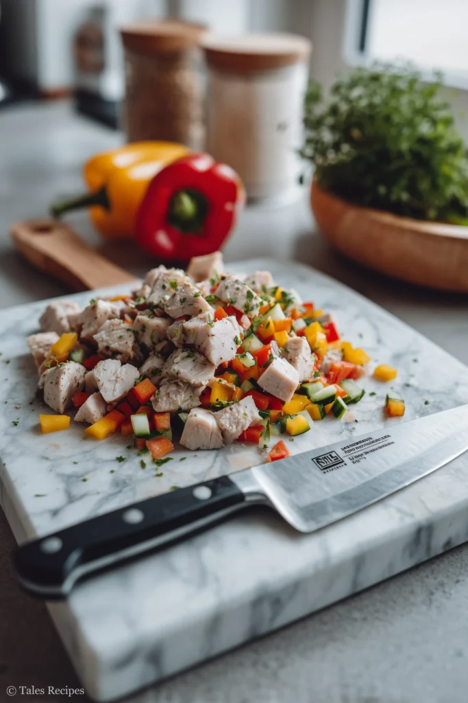 Evenly chopped chicken and vegetables for chopped chicken salad on a board