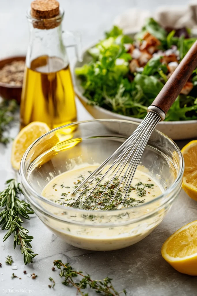 Bowl of dressing being whisked for chopped chicken salad with herbs and oil