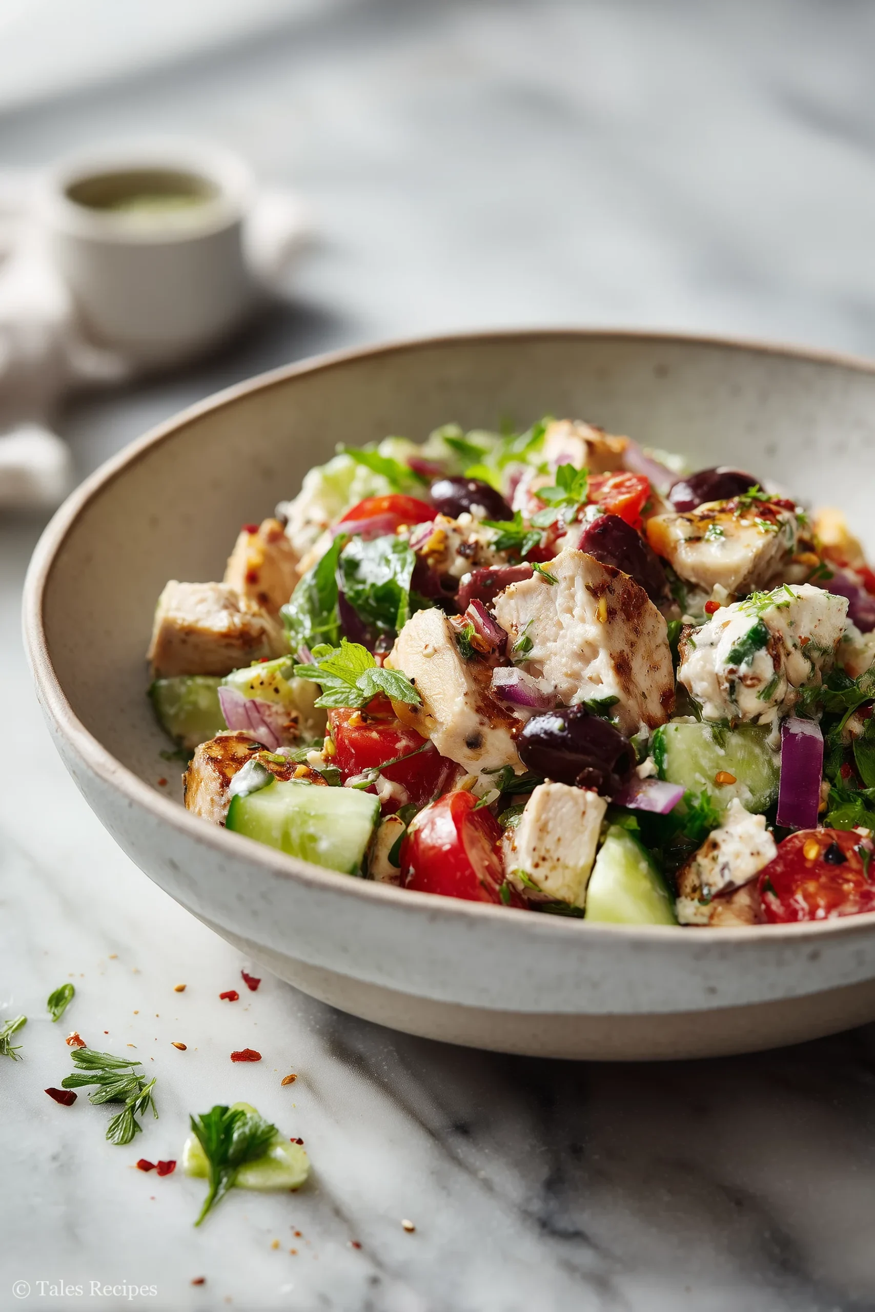 Bowl featuring chopped chicken salad with chicken and fresh vegetables on marble background