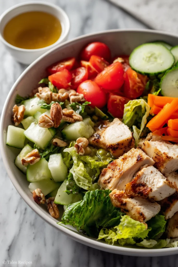 Fresh chopped chicken salad ingredients including chicken, lettuce, and vegetables on marble
