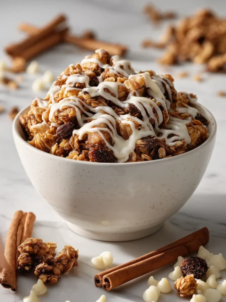 Cinnamon roll granola with white chocolate drizzle in a cozy breakfast setting