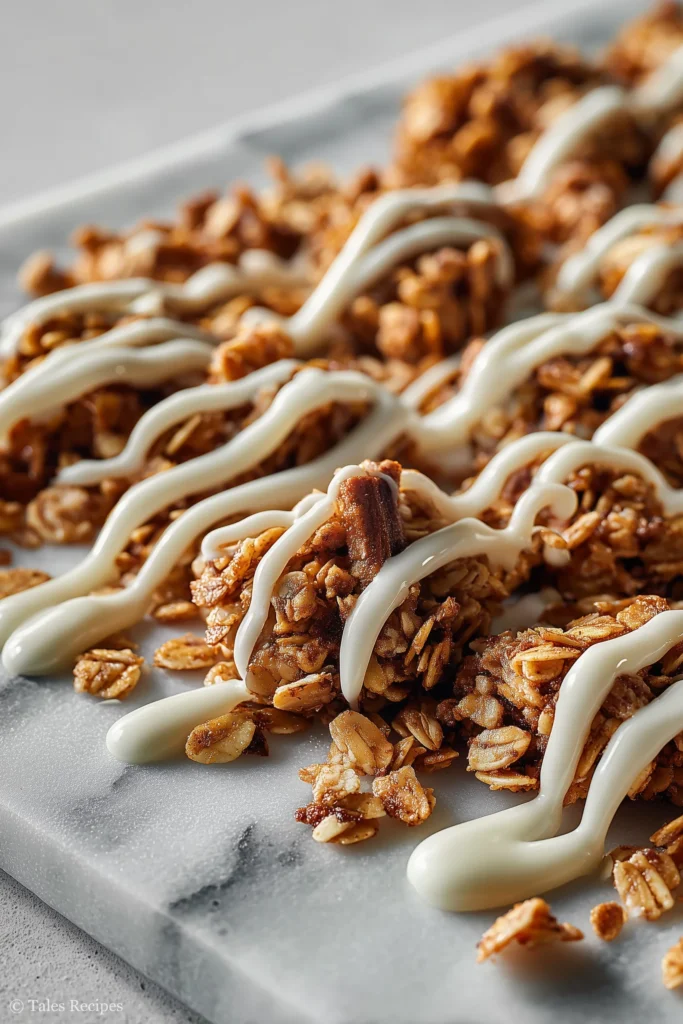Cinnamon roll granola with white chocolate drizzle cooling on sheet pan