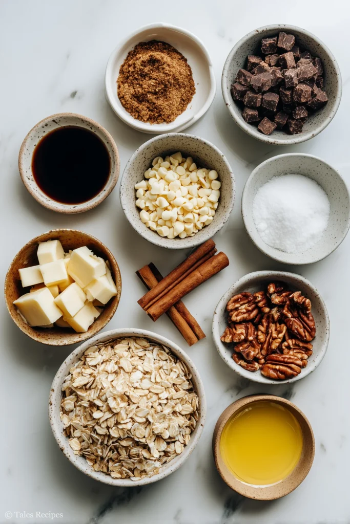 Ingredients for cinnamon roll granola including oats, brown sugar, cinnamon and white chocolate chips