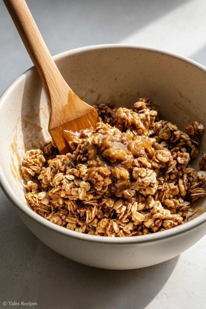 Mixing bowl with cinnamon roll granola oat base being prepared with spatula