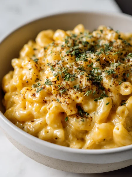 Creamy crockpot mac and cheese in a bowl, golden and ready to serve