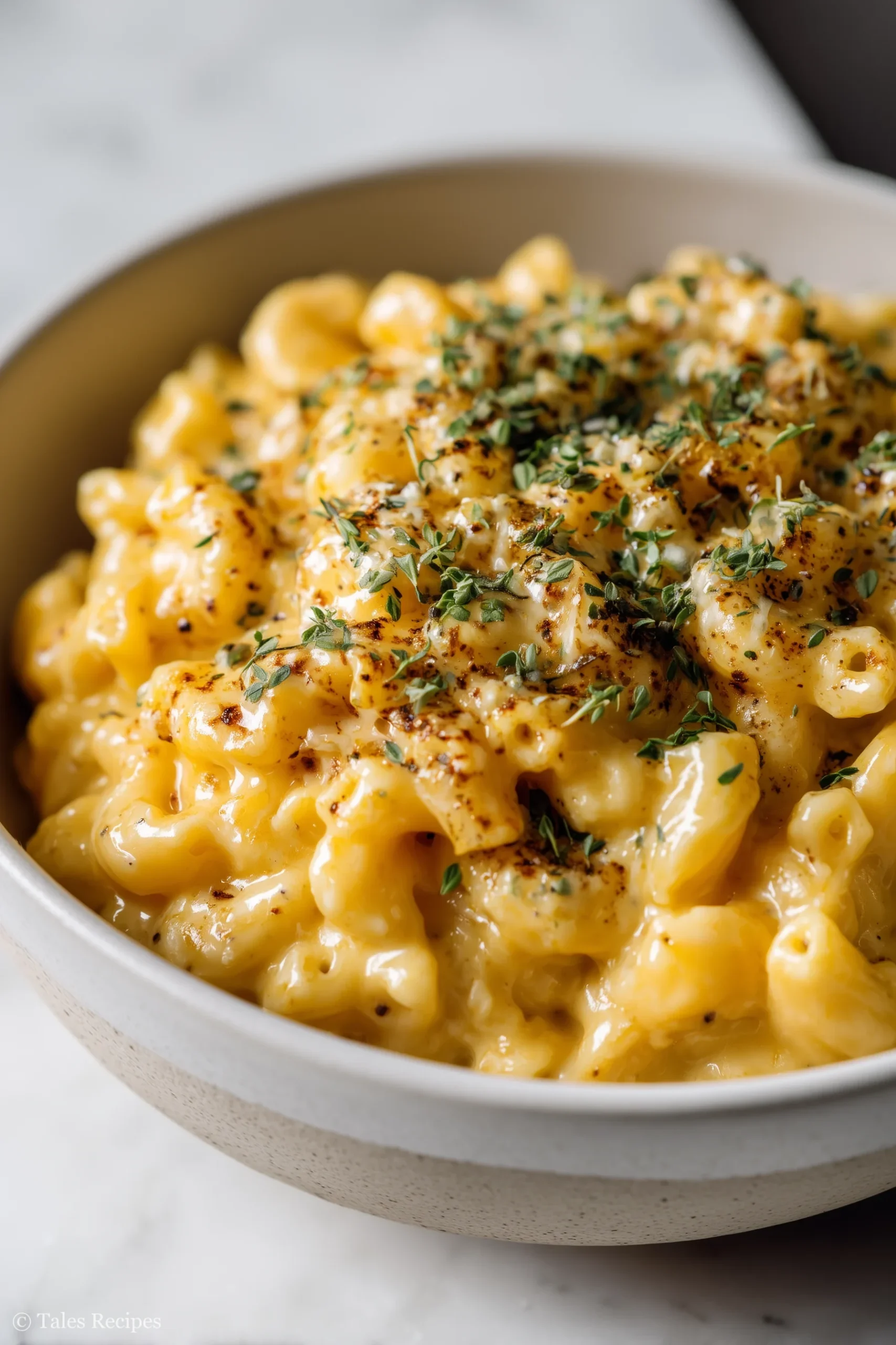 Creamy crockpot mac and cheese in a bowl, golden and ready to serve