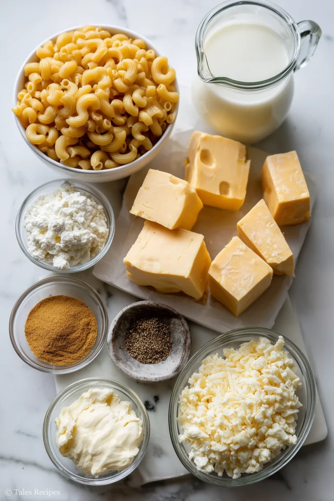 Ingredients for crockpot mac and cheese on white marble counter in kitchen