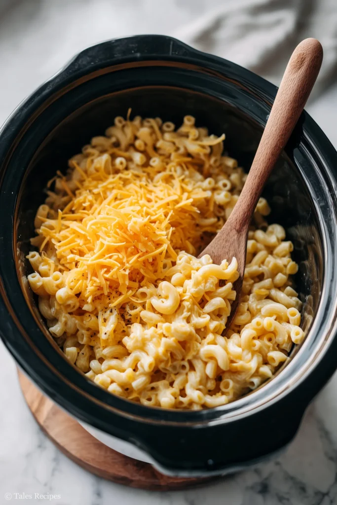 Stirring cheese, pasta, and milk in crockpot for crockpot mac and cheese