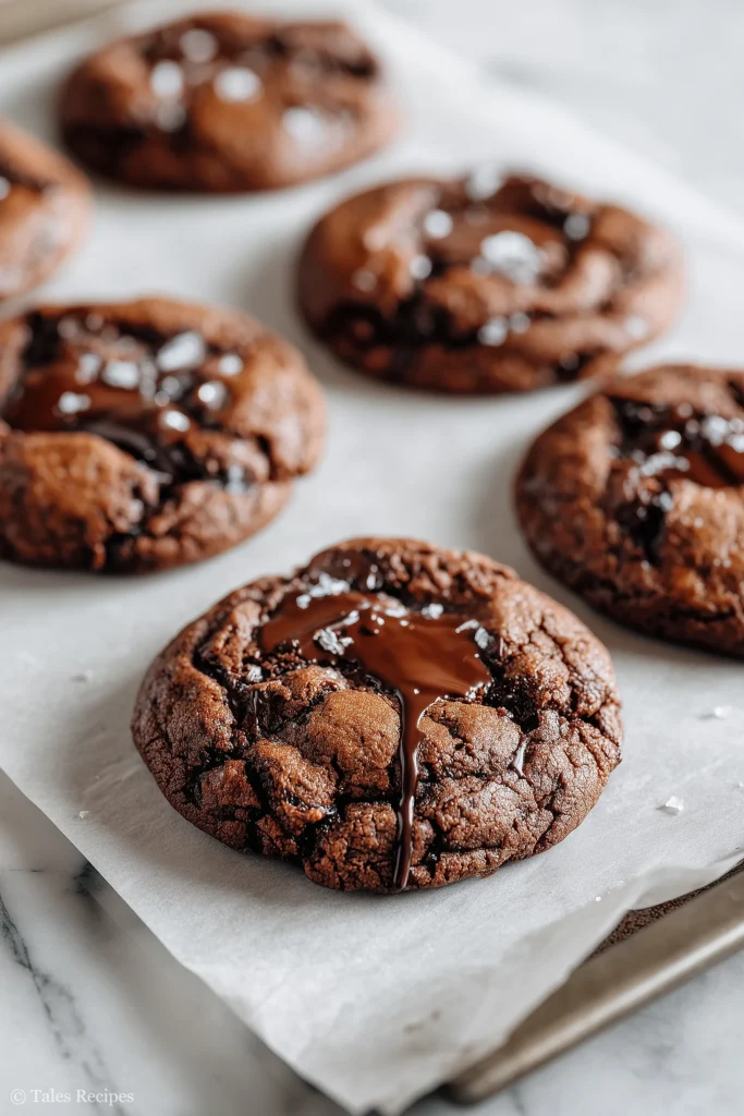 Freshly baked dark chocolate peppermint cookies cooling on parchment-lined tray