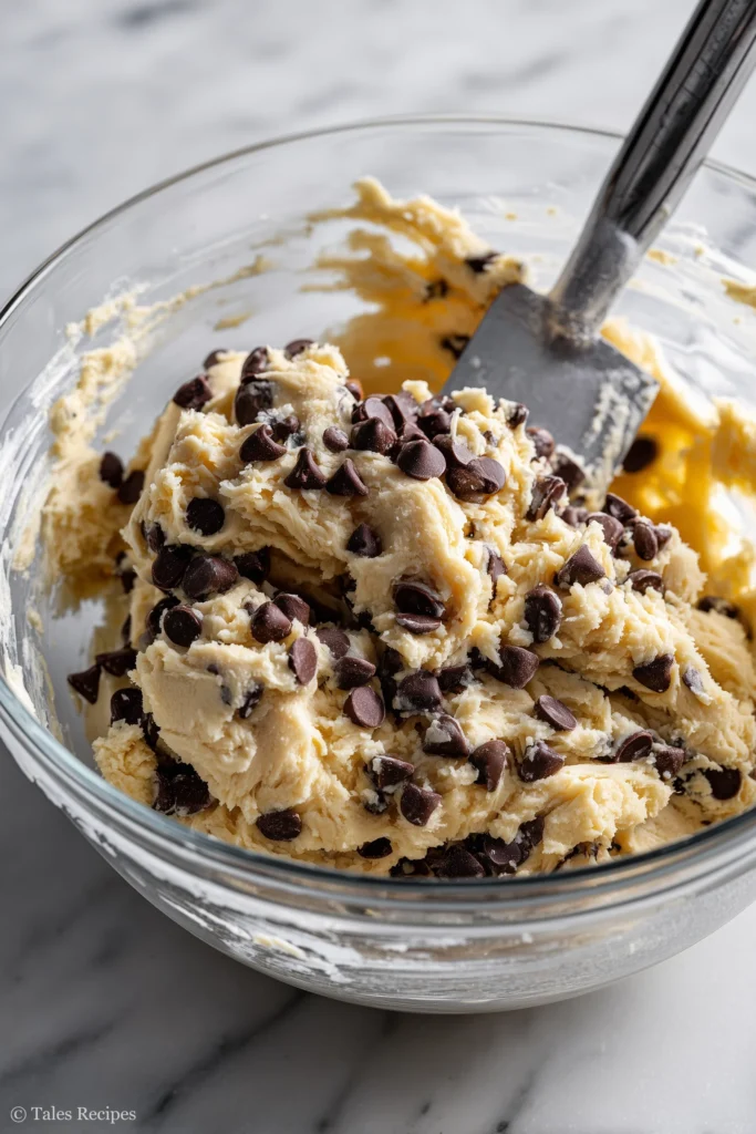 Glass bowl with dark chocolate peppermint cookies dough mixed in and chips visible
