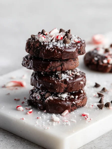 Stack of dark chocolate peppermint cookies with candy cane pieces on marble tabletop