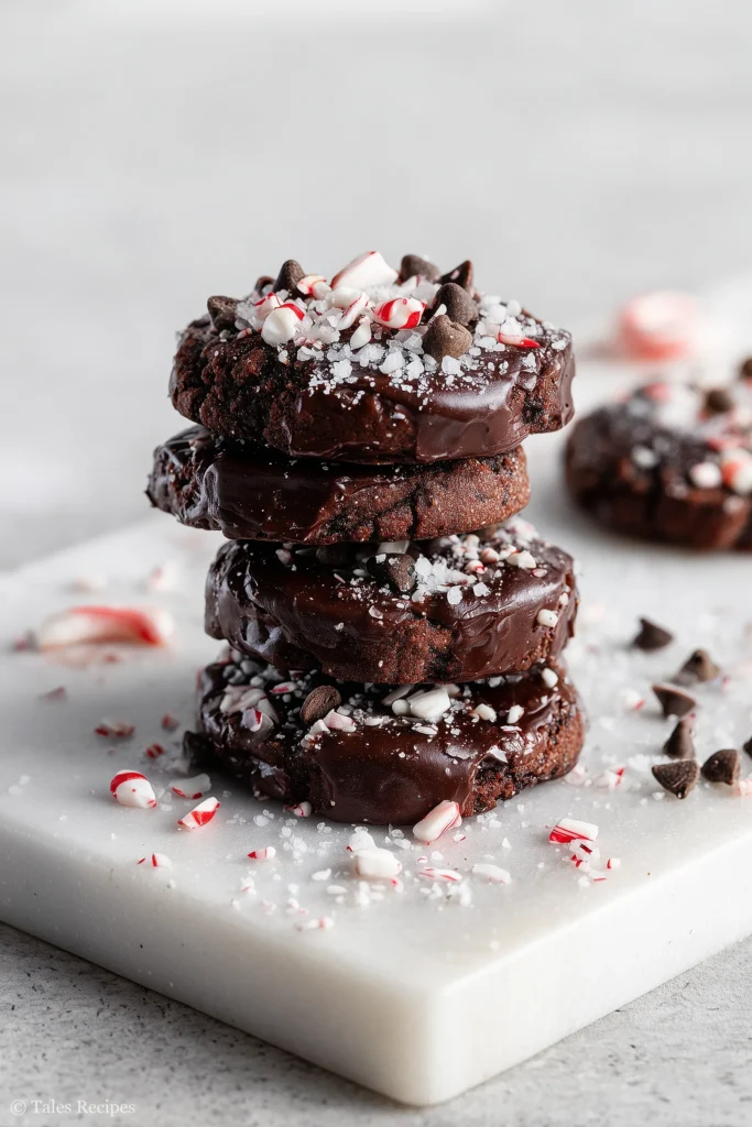 Stack of dark chocolate peppermint cookies with candy cane pieces on marble tabletop