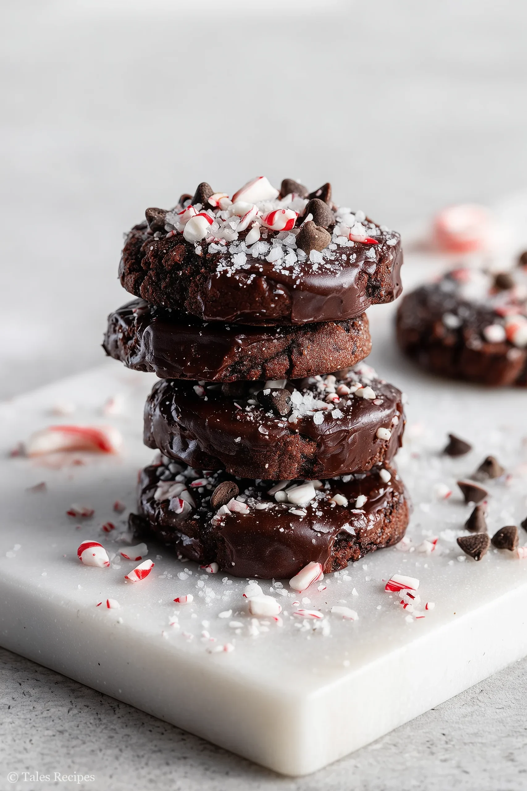 Stack of dark chocolate peppermint cookies with candy cane pieces on marble tabletop