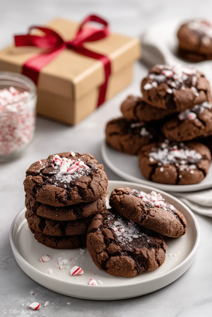 Dark chocolate peppermint cookies packaged for gifting and arranged on serving plate