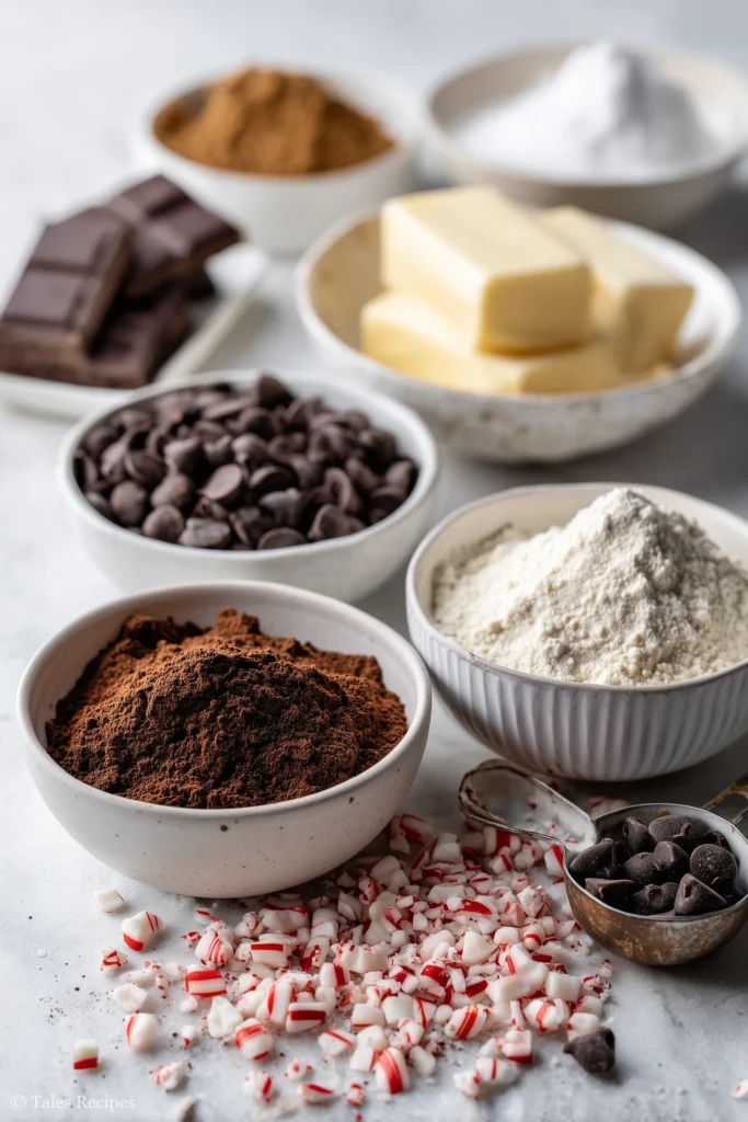 All ingredients for dark chocolate peppermint cookies arranged on marble surface