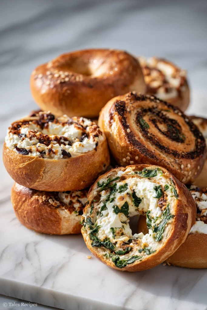 Cottage cheese bagel flavor twists showing cinnamon-raisin swirl and spinach-herb flecks