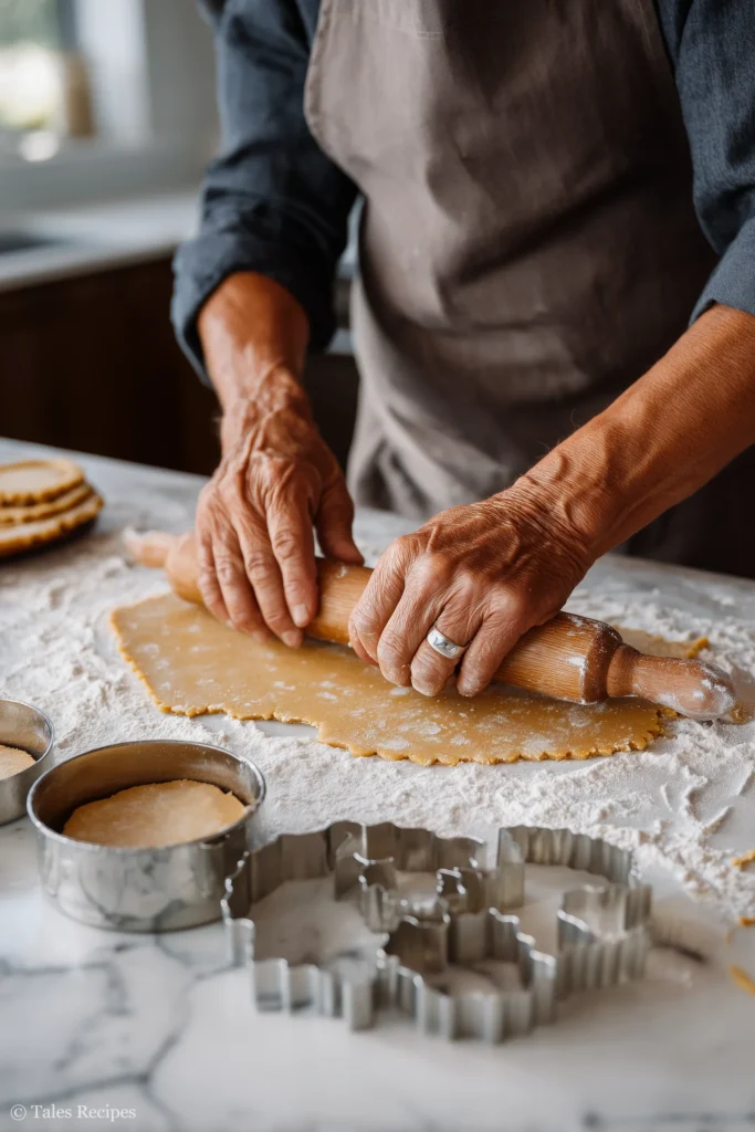 Linzer cookie dough rolled on marble and cut into festive shapes for baking