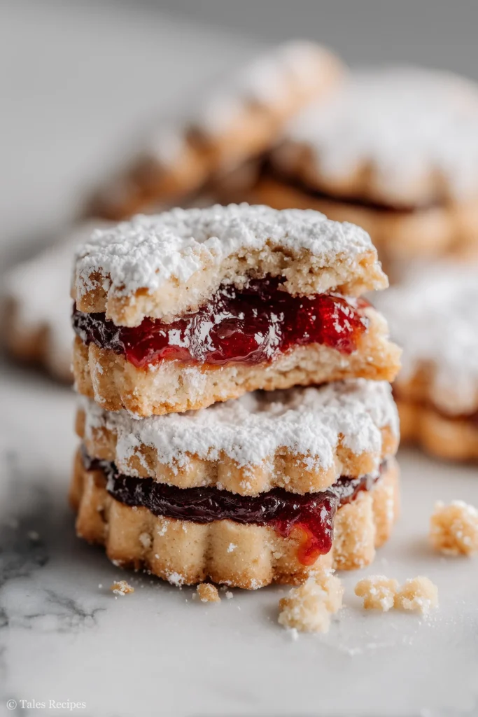 Classic linzer cookie with jam center and powdered sugar displayed on white marble
