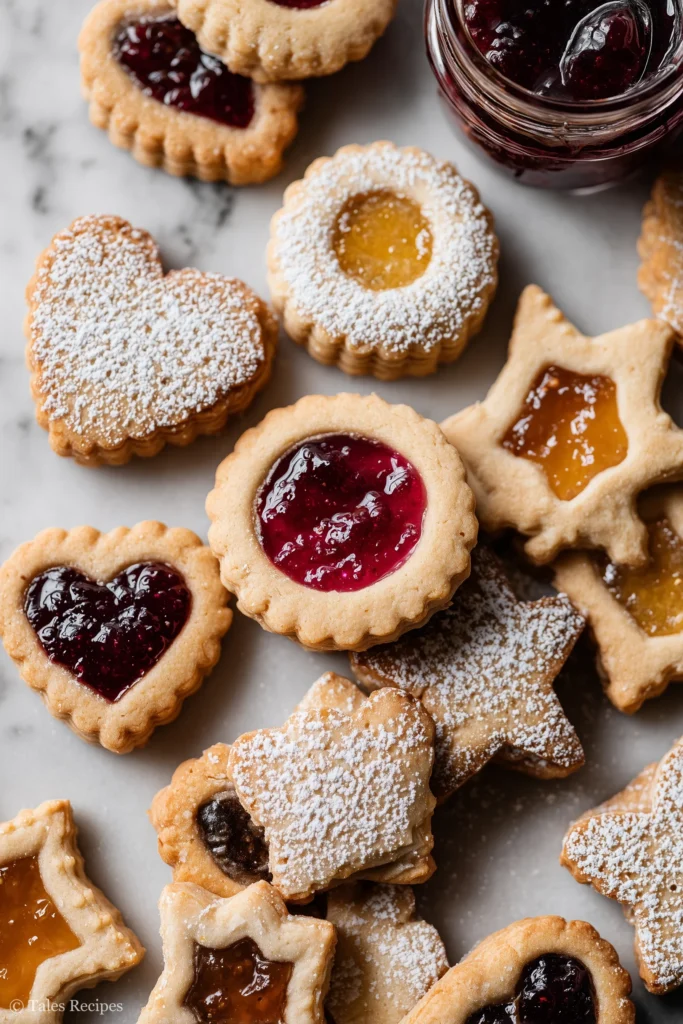 Assorted linzer cookie in festive shapes and colors, ready for holiday gifting and sharing