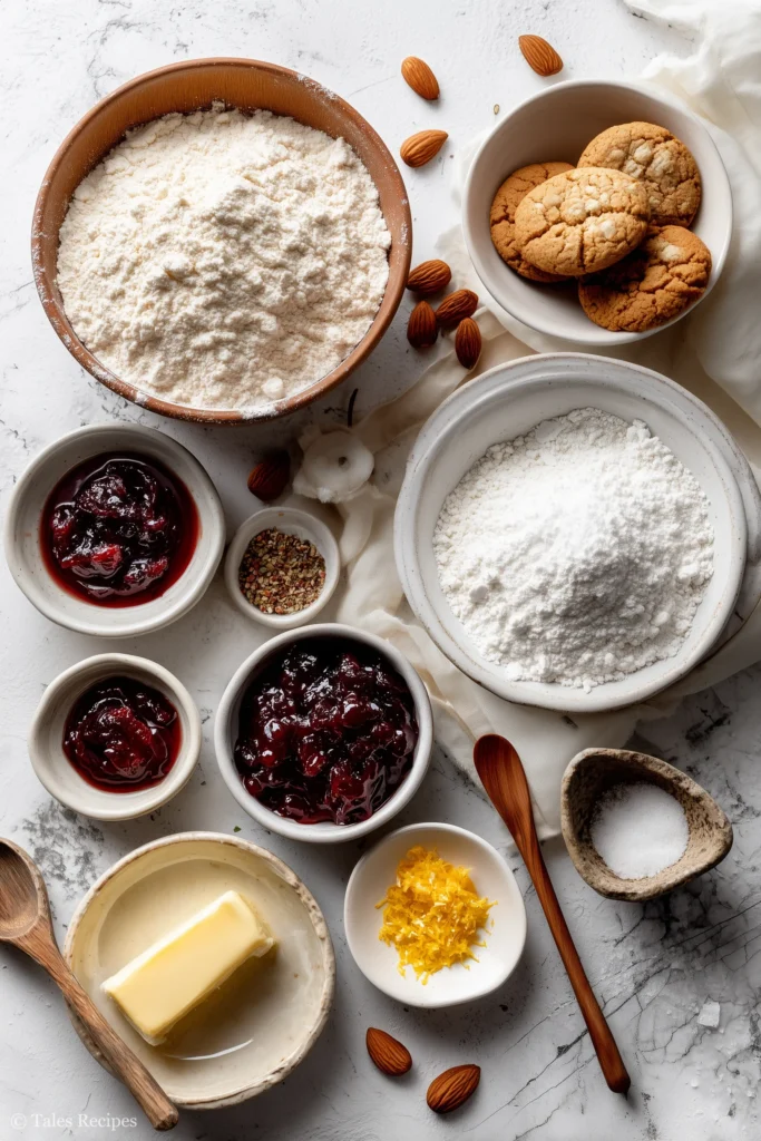 Baking ingredients for linzer cookie including flour, butter, jam and spices arranged on marble