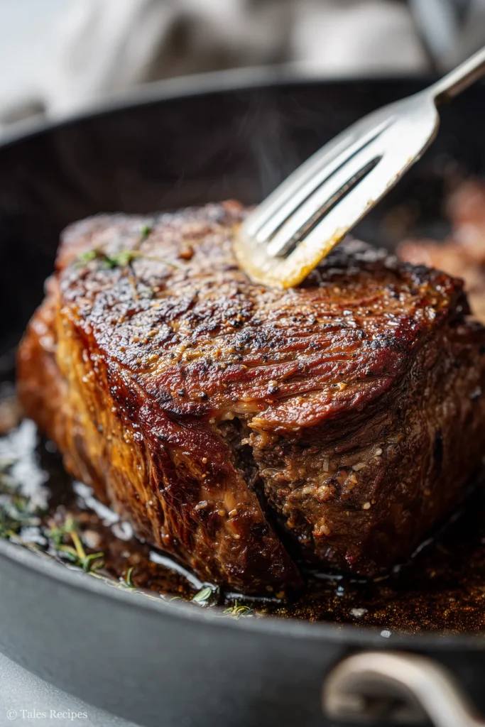 Searing chuck roast in skillet for Mississippi French dip on marble background