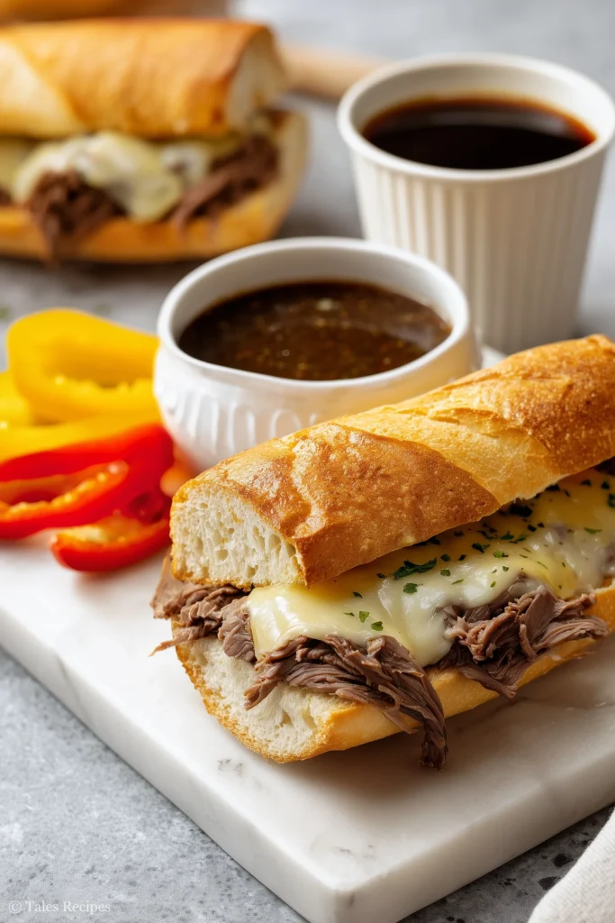 Mississippi French dip sandwich with provolone and au jus on marble background