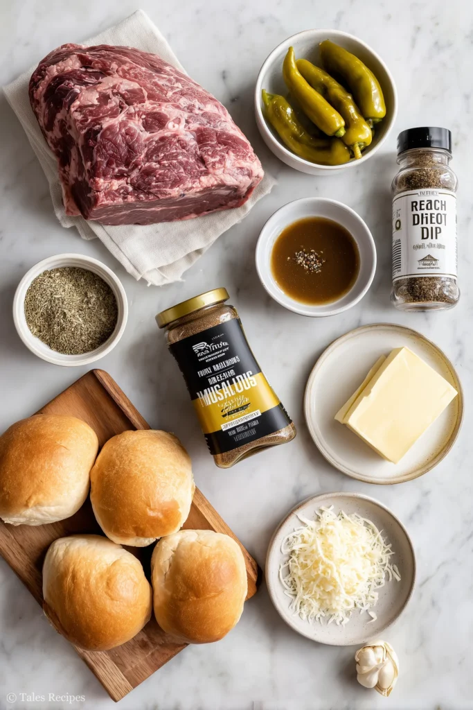 Mississippi French dip ingredients including chuck roast, peppers, cheese, and mixes arranged on marble