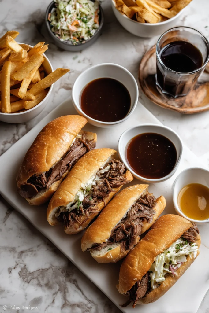 Mississippi French dip sandwiches on platter with sides and dipping jus