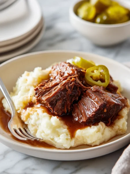 Mississippi pot roast plated with mashed potatoes and gravy for a family-friendly dinner