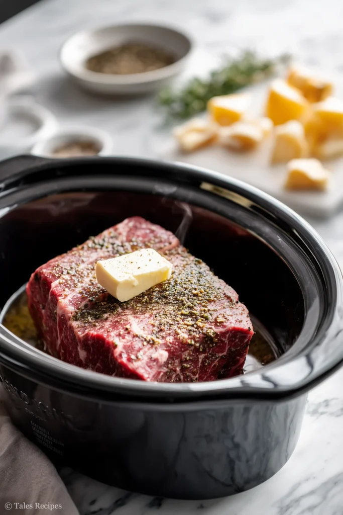 Slow cooker layering of mississippi pot roast with seasonings, butter, and peppers